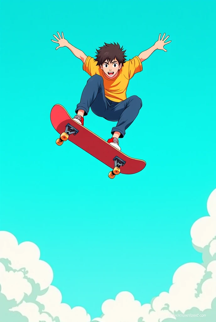 Skate boarder, anime style, jumping, turquoise backgound, details, poster design