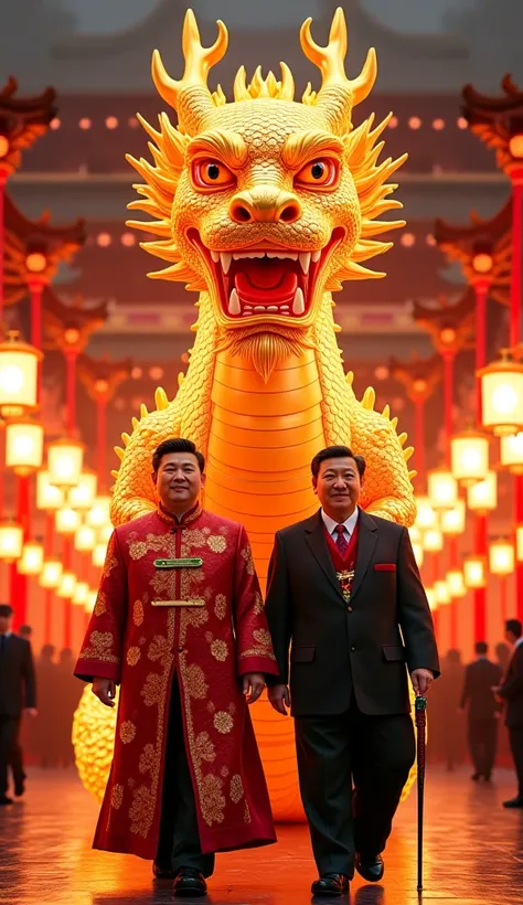 A hyper-realistic, cinematic portrayal of a massive, ultra-muscular anthropomorphic Chinese Dragon, its golden scales shimmering under the glowing lanterns. His imperial red and gold embroidered dragon robe, flowing like flames, exudes dominance, walking a...