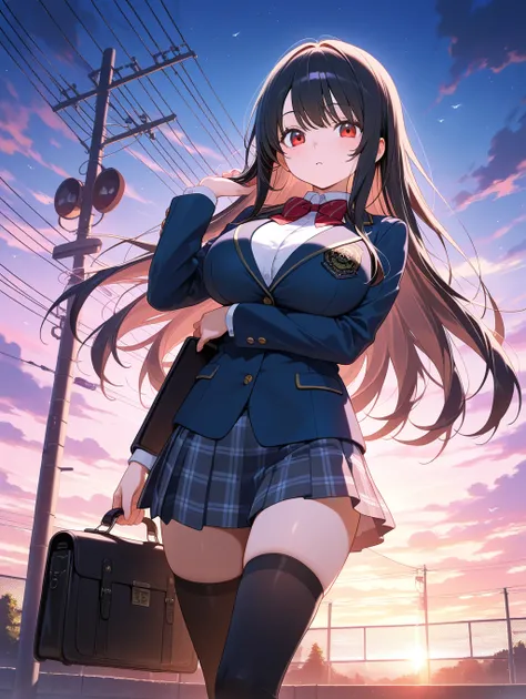 ,black hair,,,school uniform,blazer,skirt,thighhighs,large breasts,beauty