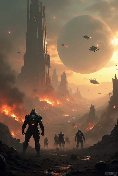  Imagine a vast, war-torn landscape, where the skies are a swirling mix of dark clouds and flashes of fiery light from distant explosions. The earth is scarred with craters, remnants of massive battles, and wreckage from advanced alien technology scattered...