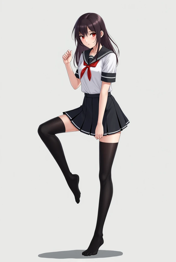 Schoolgirl wearing black stockings showing her feet