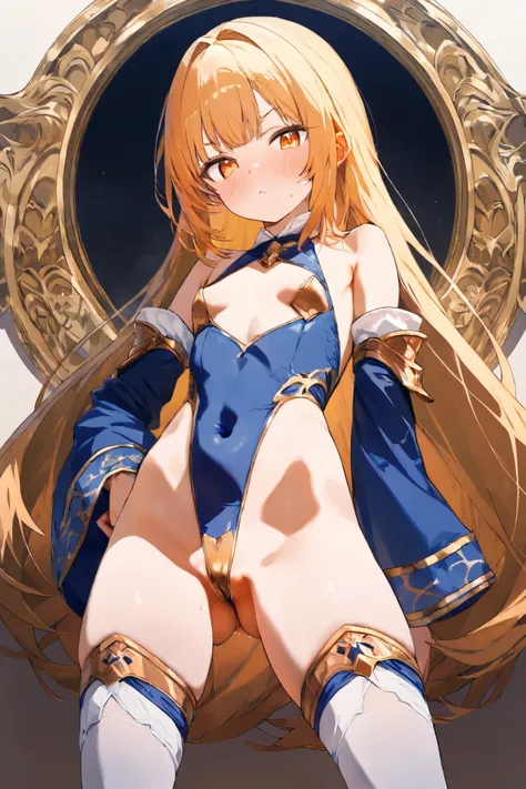 NSFW, Masterpiece, top quality, high resolution, very detailed, girl, Golden Hair , long hair, orange eyes , small tits,魔法 girlの服装, leotard, high leg , shoulder out,Chest cut-in, micro mini skirt , detachable sleeves with crotch, knee-high socks, fantasy