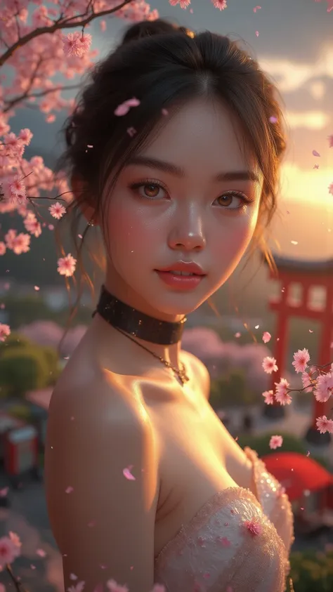  top quality,  Ultra High Resolution, ( photorealistic:1.4),  1 girl,  nudes,  small boobs, pink nipples,   black choker, smile,  shoulder out,  solo focus,  is staring at the viewer, white skin,sunset,cherry blossomsの木, Photon Mapping ,  Physically Based ...