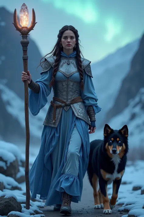 "A 3D ultra-realistic, cinematic 8K scene featuring a stunning Norwegian mage warrior from the 3rd century. She walks confidently, holding a beautifully carved wooden staff adorned with intricate Nordic rune engravings and topped with a glowing crystal res...