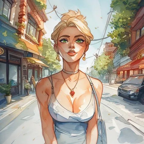 Nina is a 40-year-old woman, Athletic, short blonde hair, green eyes and beautiful. She is standing on a street in the United States. The street has shops and at the end of the street you can see the white house. The style of the image is drawing, stunning...