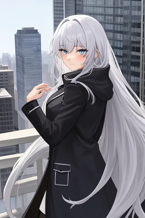 Draw me a 19-year-old girl with white long hair and blue eyes wearing a the black-color dopo, a korean traditional overcoat, looking down from high above the skyscraper, taoist