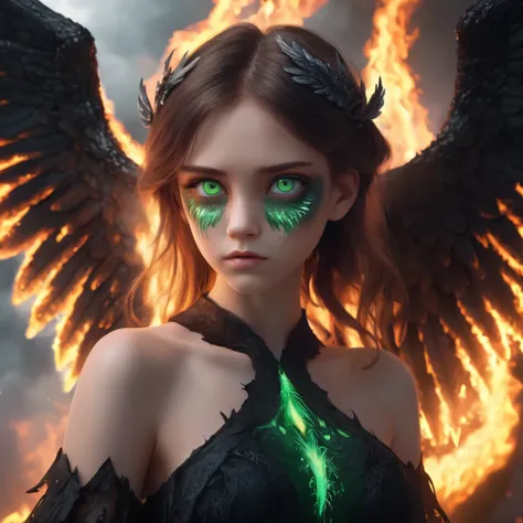 Does the angelic girl have green eyes, a black dress , tatuajes,  , and spreads her big wings of fire through her ultra-realistic fantasy behind her terrifying and diabolical face that looks at her as if she were protecting her?? 8K,4k 