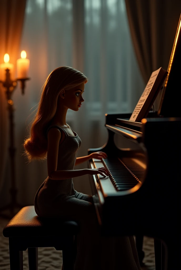 Sad Barbie plays the piano in a candle-lit room