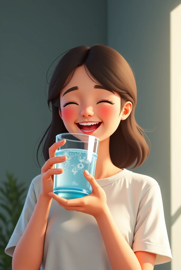 A person drinking water with a smile on their face.