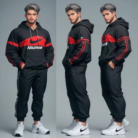 Nino is a 40-year-old man, strong, athletic and handsome. He is a man with dark and some gray hair, a big beard, green eyes and a somewhat tanned complexion. He is an athletic man. He is dressed in a red Nike hoodie and white Nike sneakers. create an image...