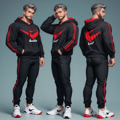 Nino is a 40-year-old man, strong, athletic and handsome. He is a man with dark and some gray hair, a big beard, green eyes and a somewhat tanned complexion. He is an athletic man. He is dressed in a red Nike hoodie and white Nike sneakers. create an image...