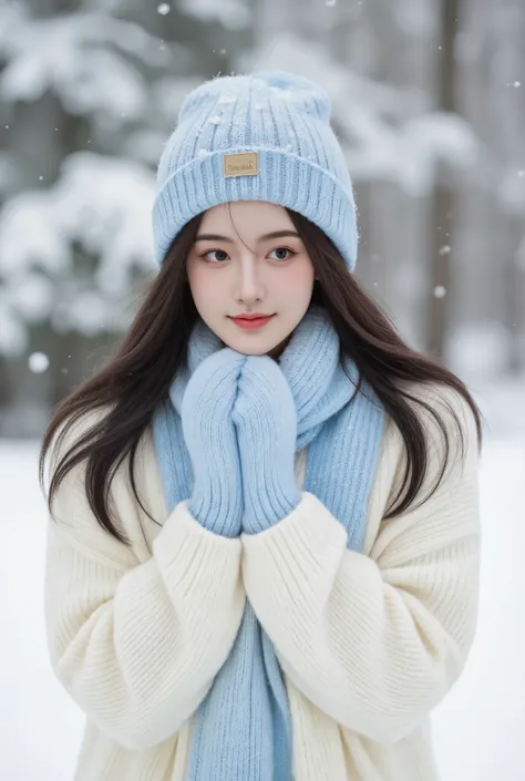 /imagine prompt: A cheerful young woman with long dark hair, fair skin, and bright eyes, enjoying a snowy day in a magical winter landscape. She is wrapped in a cozy oversized white sweater, complemented by a soft blue knitted hat, matching scarf, and fluf...