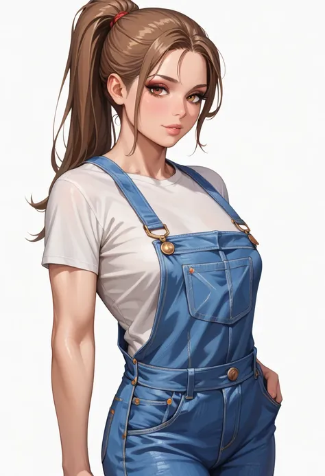 ((White background )) (Curve:1.1) rathing_explicit ,((1girl)) , (solo girl), (Long brown hair with a ponytail), lip stick, makeup, (brown eyes:1.05), (blush:0.3), Age 30 years (Russian girl) ((White T-shirt, denim overalls:1.4)) Brown boots ,tall, long sex...