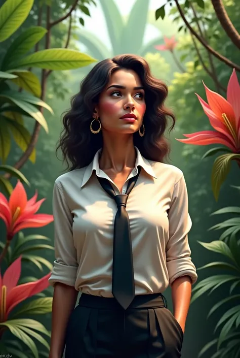  A Brazilian woman in a lush tropical garden,  wearing a fully closed neck-length shirt and a tie, showing your natural charm and introspective personality .