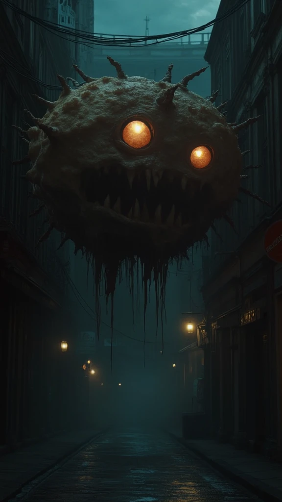 "A dark alleyway in Vilnius at midnight, mist covering the dimly lit street. Emerging from the shadows is Cebūrėkas, a monstrous deep-fried pastry with glowing, oily eyes and a crispy, golden-brown crust. Greasy drips fall from its jagged edges. The atmosp...