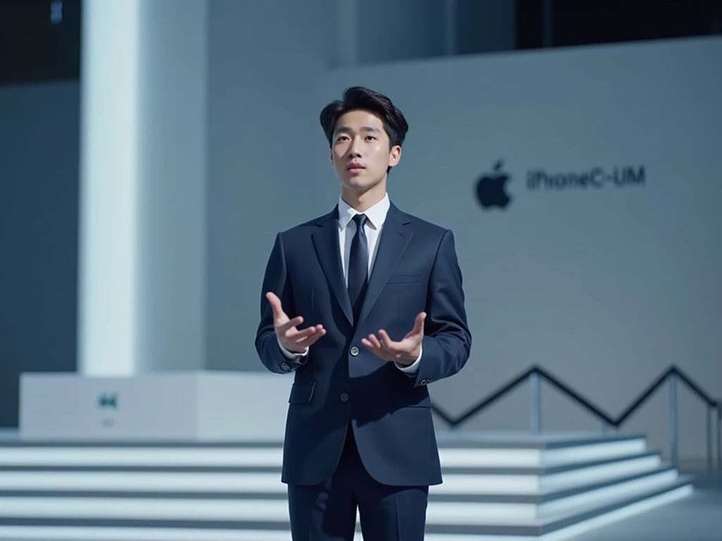 A dark-haired young Korean man representing a mobile carrier in a suit explaining the launch of a new iPhone