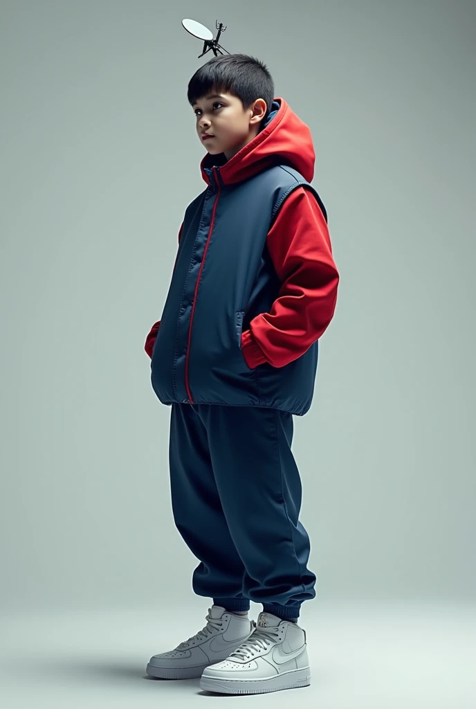 Create an android with the body of a  boy with a dark blue and red jacket Fso Force polyester fabric and dark blue pants Fso Force polyester fabric with tennis air force 1 white without eyes, nose and mouth with a satellite antenna in the head being reprog...