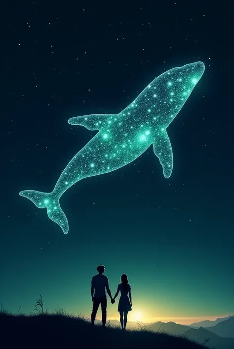 A whale constellation in the stars. Glowing white green and blue. With a ager and his girlfriend holding hands