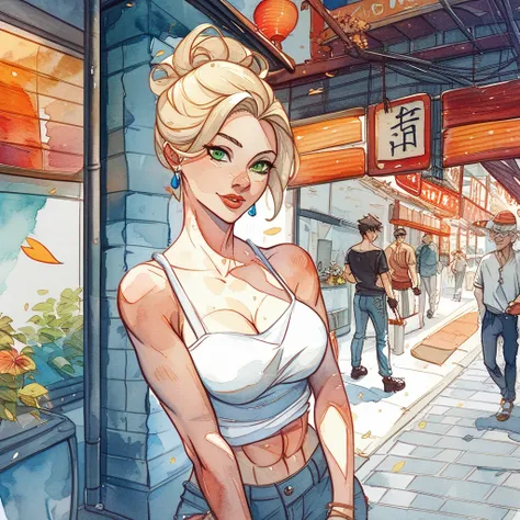 Nina is a 40-year-old woman, Athletic, short blonde hair, green eyes and beautiful. She is standing on a street in Japan. The street has shops and at the end of the street you can see a dragon The style of the image is drawing, stunning digital illustratio...