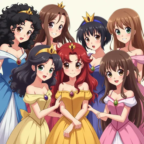 A group of anime princesses,  one with long black curly hair and light brown eyes, your skin is white, other,  with long brown wavy hair with red tips and green eyes, Its color is yellow , other, From short wavy black hair to black eyes, Of indigenous colo...