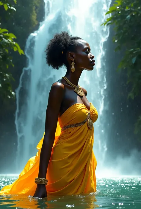 A black African woman dressed in yellow with gold details and with gold jewelry she is on a beautiful waterfall it seems that she is coming out of the Waters.