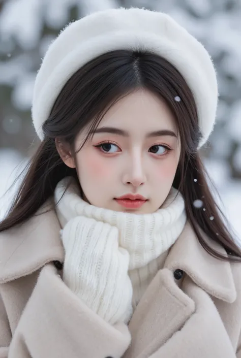 /imagine prompt: A stunning portrait of a young woman standing in a snowy winter landscape, soft snowflakes gently falling around her. She wears a cozy white scarf wrapped around her neck, paired with a stylish winter coat. Her dark hair flows naturally, w...