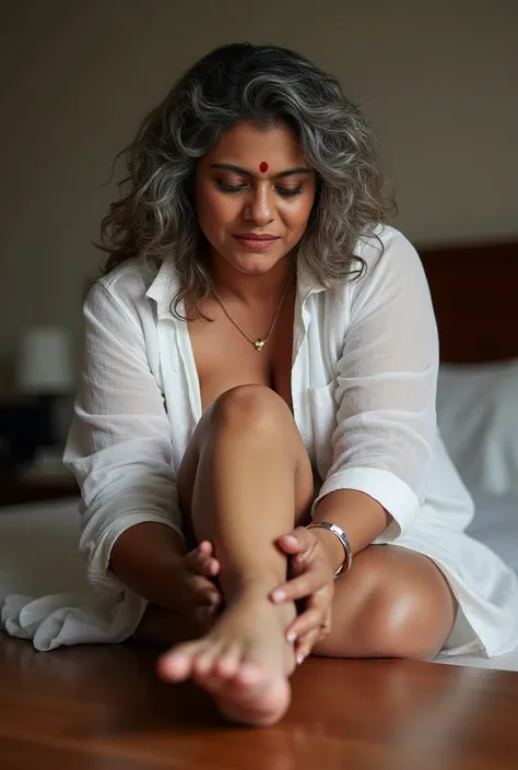 Photo of a young man kissing the foot of a Voluptuous Mature south Indian plump Aunty at the age of 50 with very long curly and light silver salt and pepper hair dark eyes having heavy spreader mascara lashes on her eyes,  very Sweaty and Wet Body, she is ...