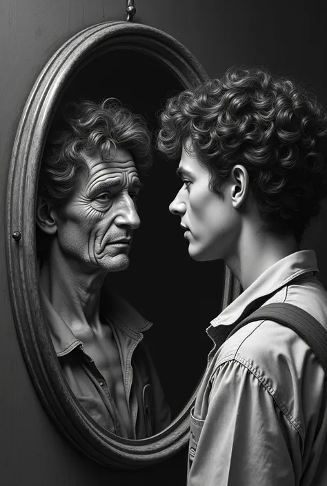 Engraving of a curly young man looking older in the mirror
