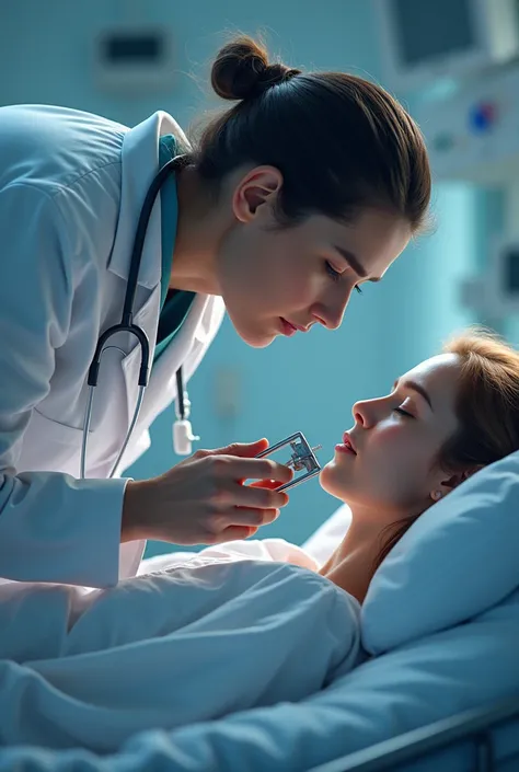 A picture of a doctor examining a unconscious patient in a hospital by bringing a cold rectangular piece of metal closer to the patient's mouth to check his breathing