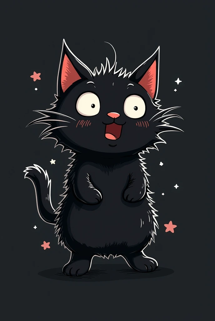 Create me a black cat with a black background in Japanese cute aesthetic doodle for a scared t-shirt with her hair standing still 