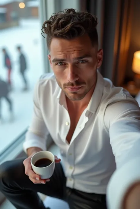 Create an image of a short haired tall Italian man styled back curly, with white buttoned shirt and leather pants, with a hot coffee in my hand, Posing taking a selfie, In a hotel above the bed, And in the background the glass window with views of snow and...