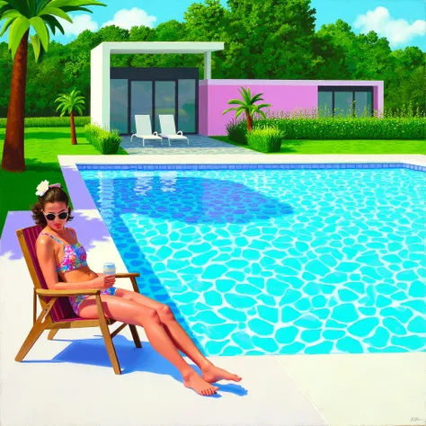 Generate a painting of a serene poolside scene in the style of David Hockney. The composition should include a clear blue swimming pool with rippling water, surrounded by vibrant green foliage and modernist architecture. The scene is bathed in bright sunli...