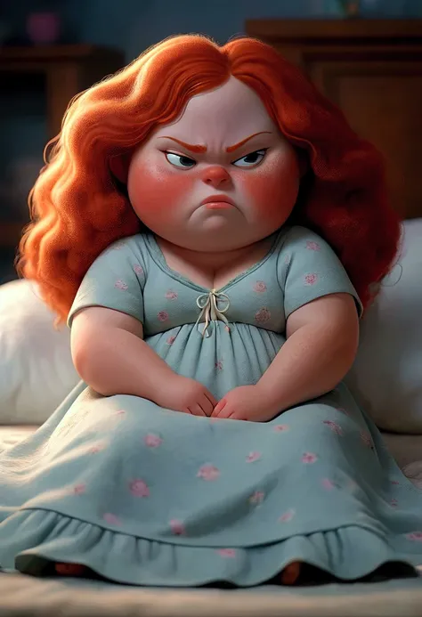 Cinematic horror movie image . Chubby red-haired freckled girl in a sleepy nightgown  . She dreams of a chubby red-haired girl in a sleepy nightgown who dreams of a chubby girl with a freckled tanned redhead in a sleepy nightgown who dreams of a chubby gir...