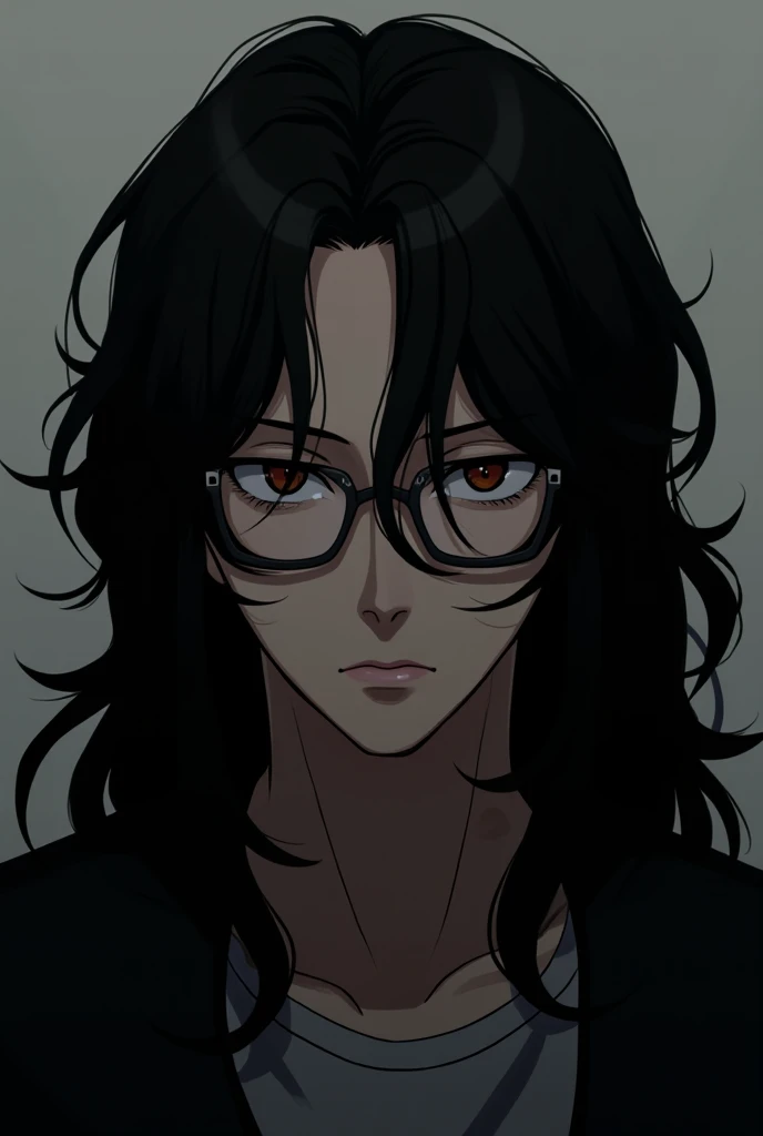 Man with black hair below his shoulders barely wearing glasses with a challenging and dark style ,  realistic anime style 