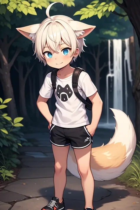 （Wonderful artistic painting ： 1.2 ， High-quality ）， 8 k ， high-resolution ， a *****-****-*** boy ， cute boy ， white hair ， with short hair ， light blue eyes ， naughty pupils ， Ahoge ， Cat ears ， Laughter ， Looking for the leather ， Aura ， Wearing a white ...