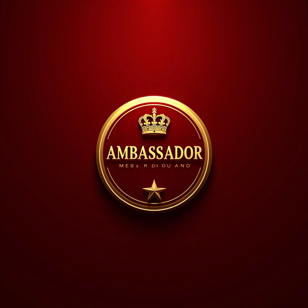 Create a round badge , marked  (AMBASSADOR in uppercase)  with a beautiful crown,  all that in red and gold 