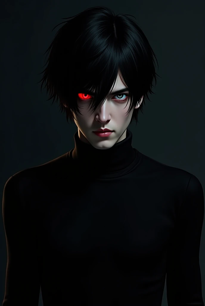  A man with medium black hair, a gray eye and a red eye , wearing tight black clothes 