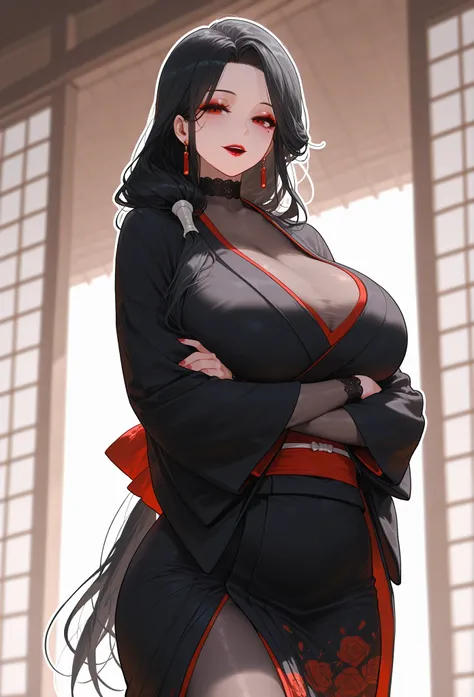 mixed_artwork style, low tied black hair, red eyes, perfect eyes, diamong shaped eyes, black & red kimono, bodystocking, Mole under eye, curvy, big chest, White outline, light smile, Sensual woman, Seductive woman, Mature female, Milf, Motherly, (red makeu...