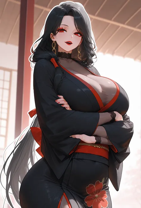 mixed_artwork style, low tied black hair, red eyes, perfect eyes, diamong shaped eyes, black & red kimono, bodystocking, Mole under eye, curvy, big chest, White outline, light smile, Sensual woman, Seductive woman, Mature female, Milf, Motherly, (red makeu...