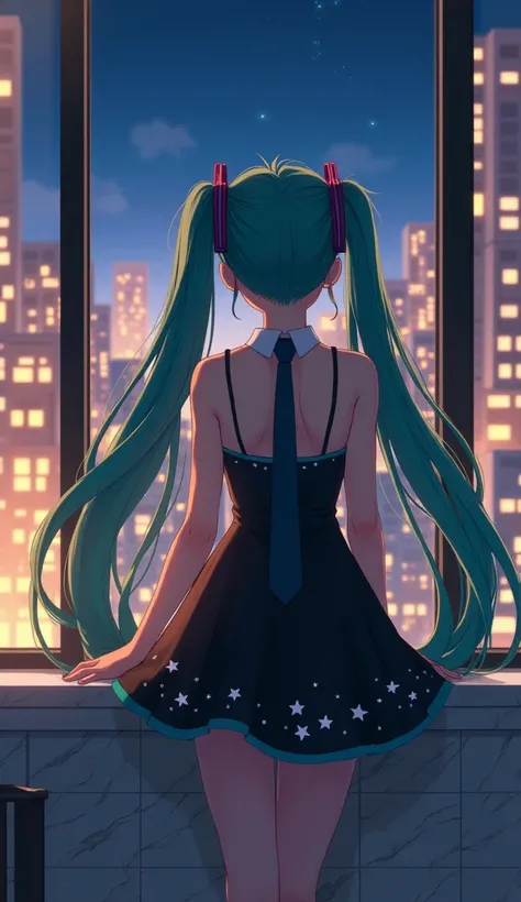     Hatsune Miku wearing a black dress with white star details,    looking at the view of the buildings, Holding on the balcony, in a building,   in a bedroom and white marble walls, Tooth and modern window , Black floor , Beautiful balcony , Yellow lighti...