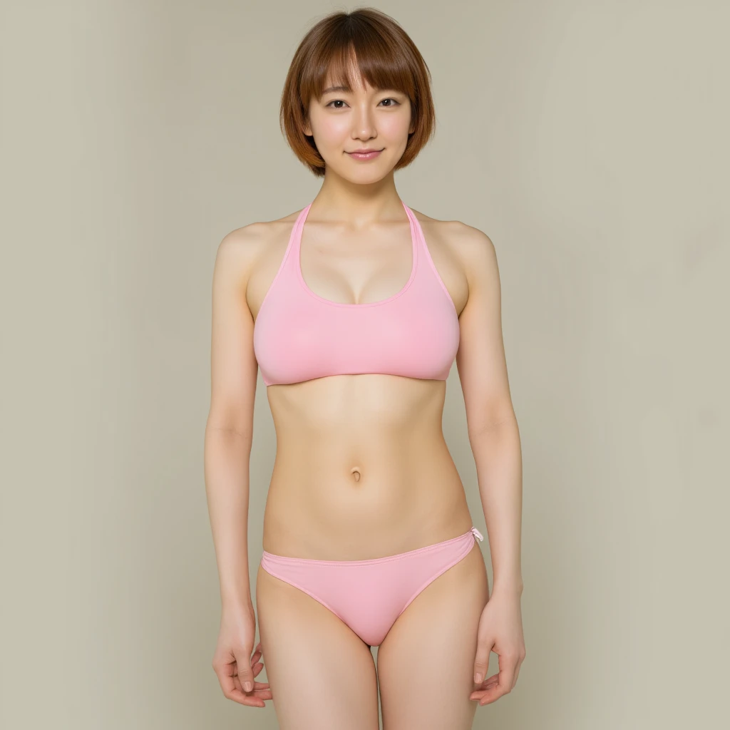 beautiful woman, japanese, abs,short hair, red hair color, Fits perfectly, cute face, View from the front, full body shot, feet, show your face, gravure pose, top and bottom separates,  sweaty skin, Plain color, mini competitive swimming swimsuit, gravure ...