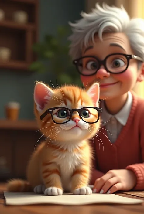 Live action kitten wearing matching glasses with grandma