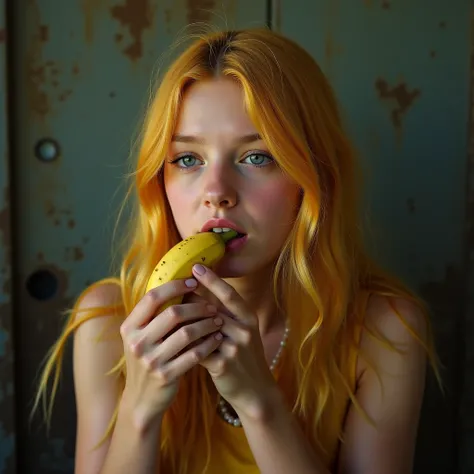  Create an image with the theme of the song TRUTH OR DARE. With a 16-year-old blonde girl , beautiful,  eating a banana .