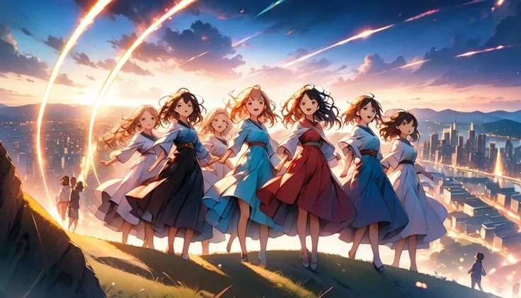 "A grand moment where the main character and her friends stand together at the top of a hill, overlooking a bright and colorful cityscape. Their expressions are full of confidence and excitement. The air is filled with glowing particles, representing the e...