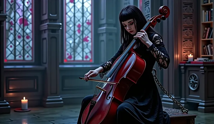 A gothic woman in a Victorian black lace dress playing a cello , ornate architecture, dramatic lighting, moonlight streaming through stained glass windows, atmospheric, dark fantasy, intricate details, pale skin, long flowing black hair with silver chains,...