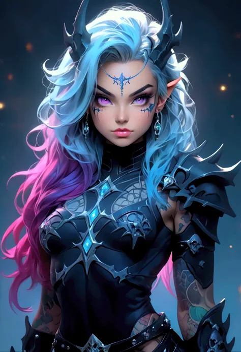 Create a hyper detailed photograph of a tattooed muscular young sexy female deathknight, Stunningly perfect gorgeous feminine face, perfect makeup, detailed neon eyes, long luscious hair, detailed perfect gorgeous face, detailed vibrant eyes,small little b...