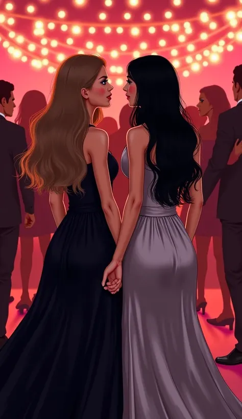  Illustration . two friends.  A girl with long light brown hair wearing a long black dress. A girl with long wavy black hair, wearing a silver satin dress dancing in a party room full of people.
Capa darkromance.