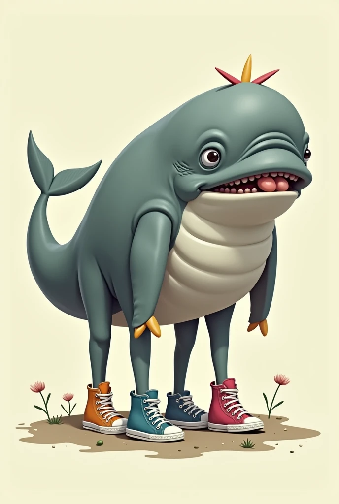 A fat whale without a tail on 4 legs with sneakers