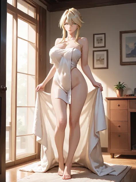 Masterpiece, very aesthetic, vibrant, high contrast, mature woman, artoria pendragon (lancer) (fate), full body, wear towel, best quality, home, semrealistic, honkai: star rail cg style, NSFW,