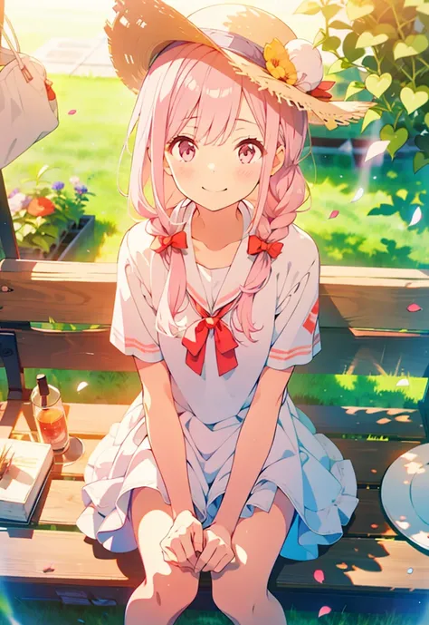  Masterpiece,  top quality,  is staring at the viewer,
 1 girl, Alone, smile,  sitting indoors in POV,  gradation shirt that Furakana has , (((白いヘアribbon:0.4))),  pink eyes,((( White Bun Hair ))),((( pink long hair))),(((Longer hair))),  dress, bench,  gre...